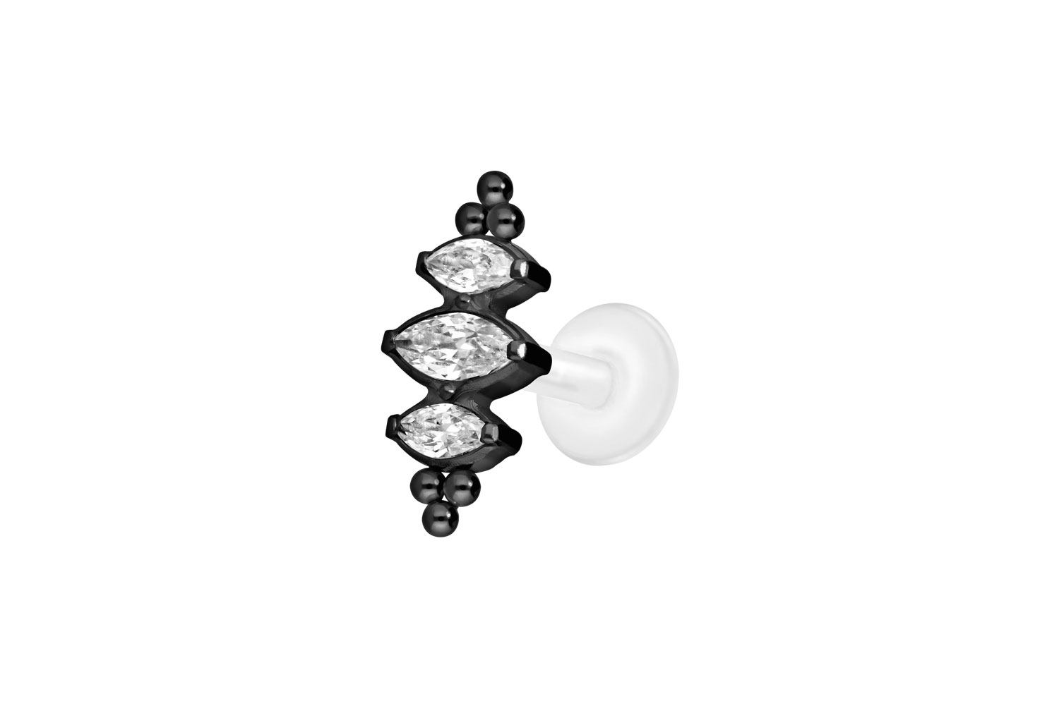 PTFE Labret Piercing mit Innengewinde + Titan-Aufsatz 3 KRISTALLTROPFEN + KUGELN